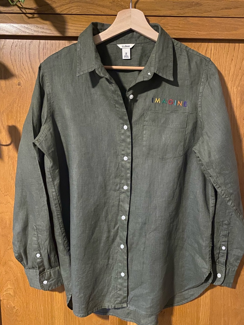 L.L. Bean Olive Green Linen Button-Down Shirt with Multicolor IMAGINE Embroidery